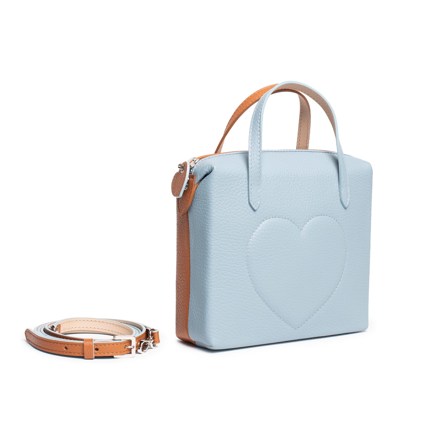 Mini Heart Bag bicolor azzurro-cuoio